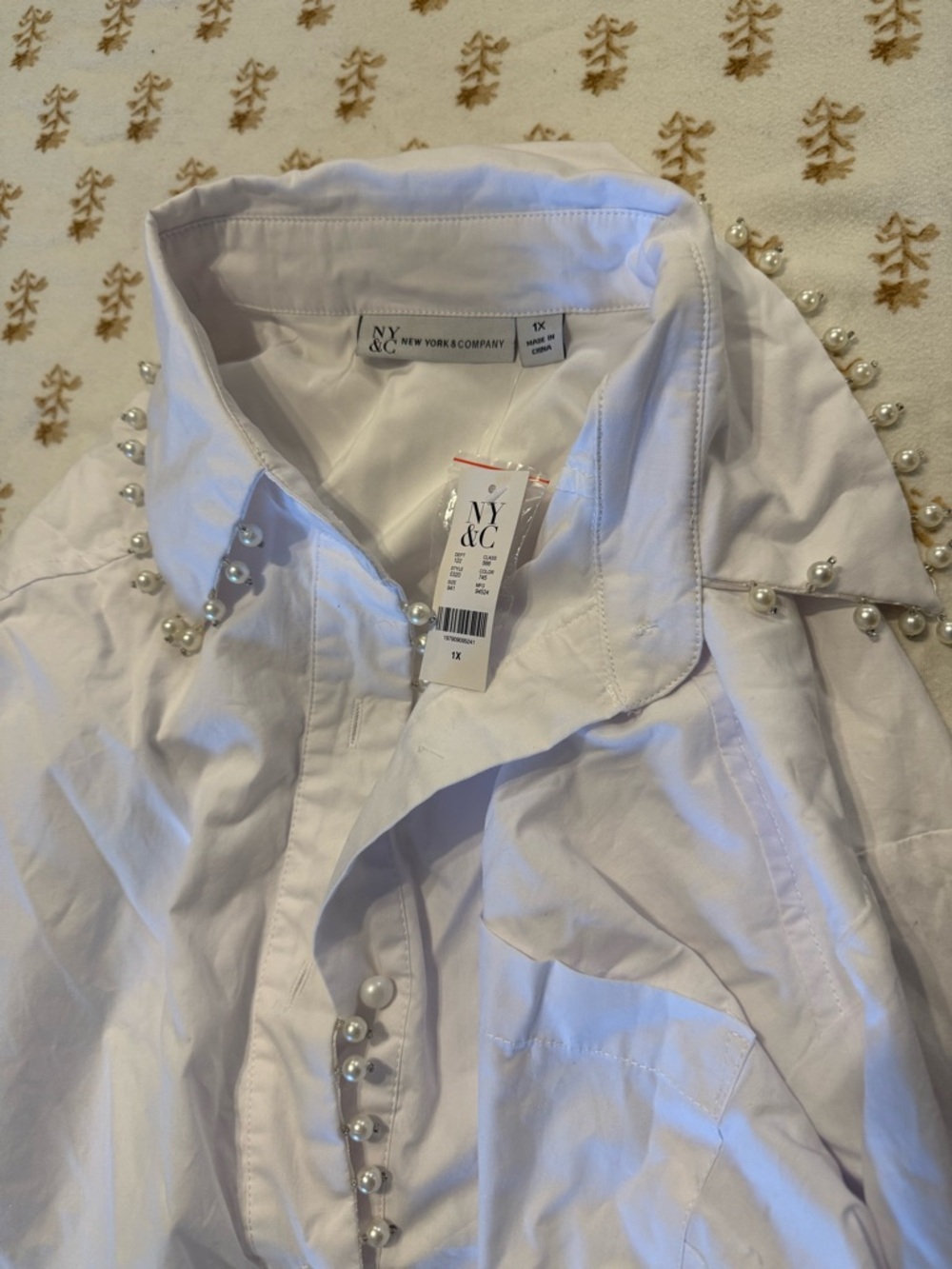 NY & Company White Pearl-Embellished Button-Up Dress